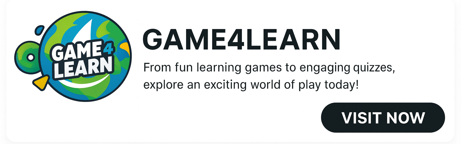 GAME4LEARN banner with logo, slogan 'From fun learning games to engaging quizzes' and a Visit Now button